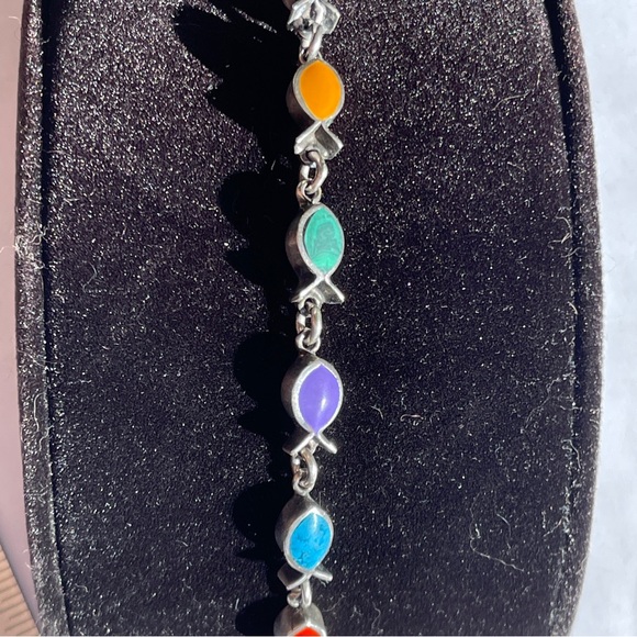 Colorful Vintage Taxco Gemstone 925 Silver Fish-shaped Bezel set Chain Bracelet - Picture 3 of 11